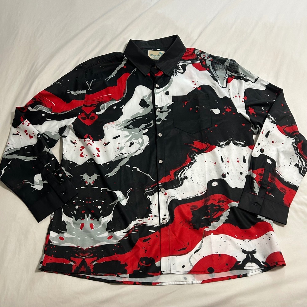 Royaura Hawaiian Shirt Mens XXL Red Black White Abstract Paint Splatter Long Slv